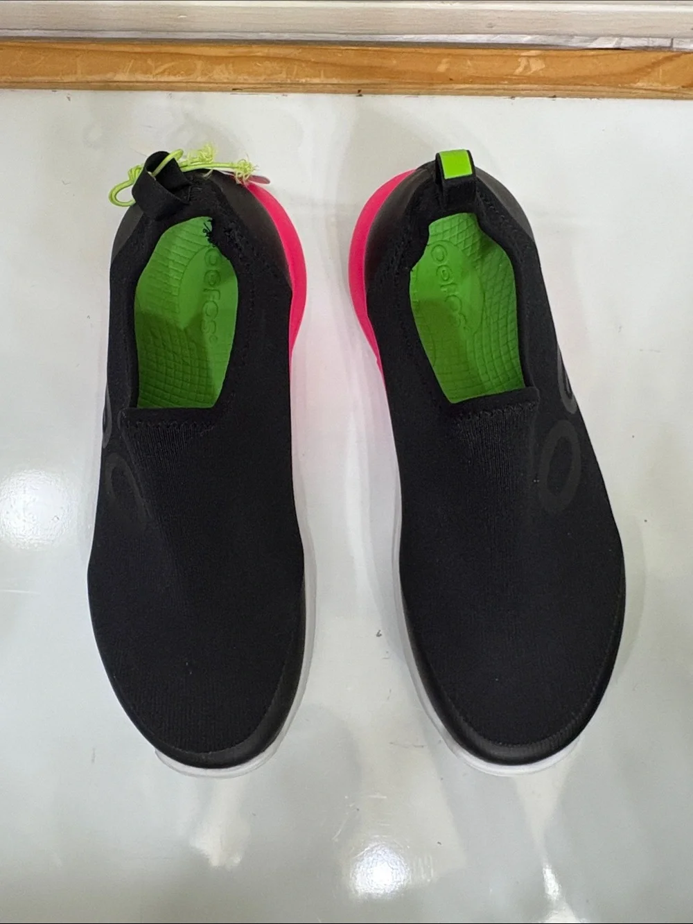 NWT OOFOS Black Slip-On Sneakers with Pink and Lime Accents - Picture 3 of 11